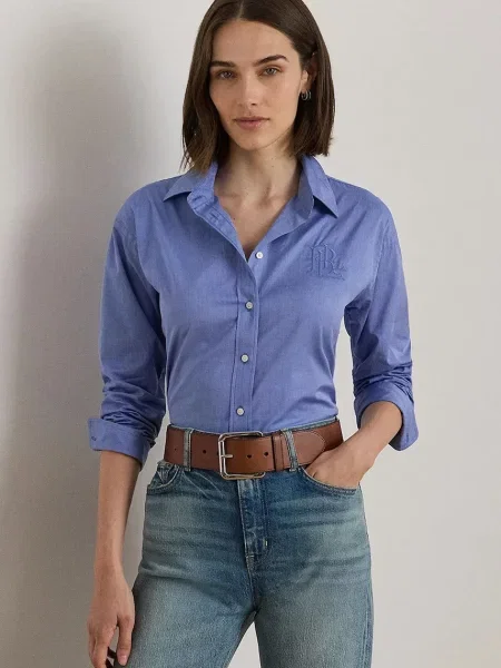 Риза Lauren Ralph Lauren дамска със свободна кройка с класическа яка синьо