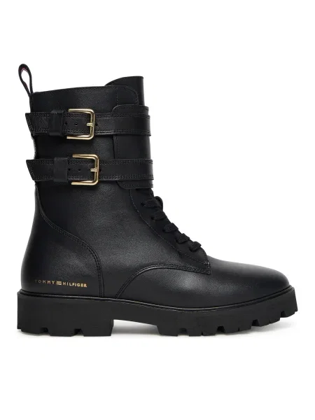 Кожени боти Tommy Hilfiger TH LTHR BIKER LACEUP с равна подметка черно