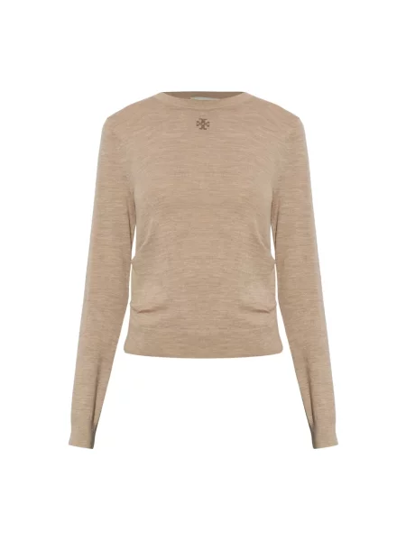 Sweter Tory Burch wełniany z logo beżowy