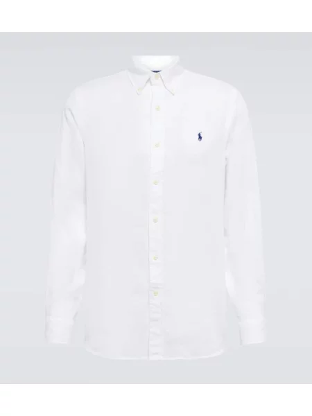 Lanena srajca Polo Ralph Lauren z vezenjem z dolgimi rokavi bela