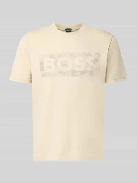 T-shirt o kroju regular fit z mieszanki bawełny model TS_GLOBE LOGOPATTERN' Boss Green beżowa