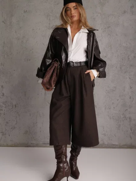 Wiskozowo-Bawełniane Spodnie Casual Culottes z Paskiem z Klamerką Jumorla brązowe