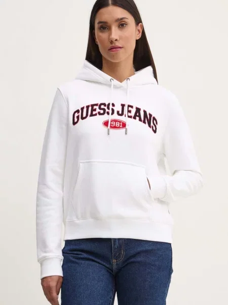 Суичър с качулка Guess Jeans с качулка с апликация бяло