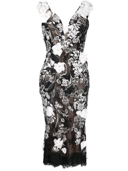 Rochie midi Marchesa cu model floral până la genunchi de costum negru
