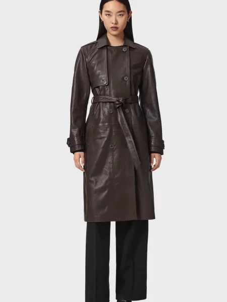 Кожаный тренч Allsaints коричневый