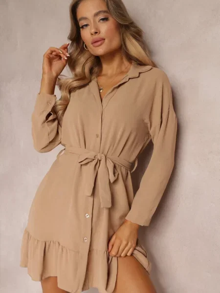 Sukienka Koszulowa z Falbanką i Wiązanym Neitra beżowa