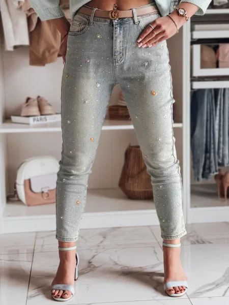 Spodnie jeansowe skinny w kwiatki PERLAON Dstreet niebieskie