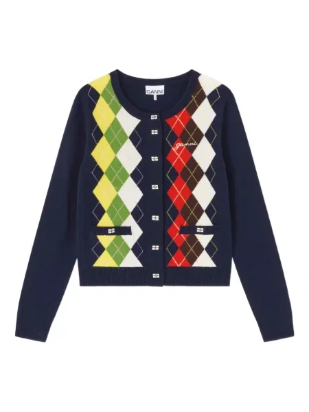 Cardigan Ganni cu model argyle albastru