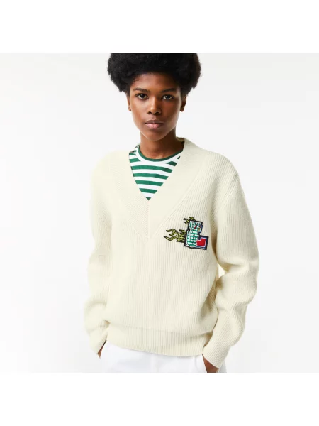 Lacoste Sweter Świąteczny Z Wełnianym Dekoltem W Serek Lacoste