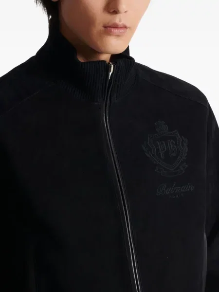 Geacă Balmain cu broderie din piele de căprioară negru