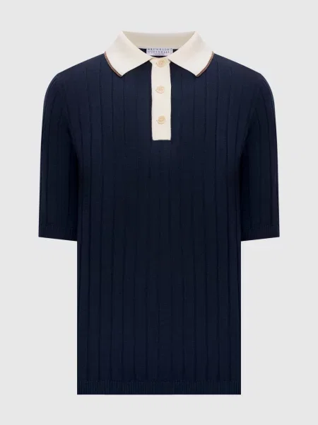 Топ з вовною з коміром-поло Brunello Cucinelli синій