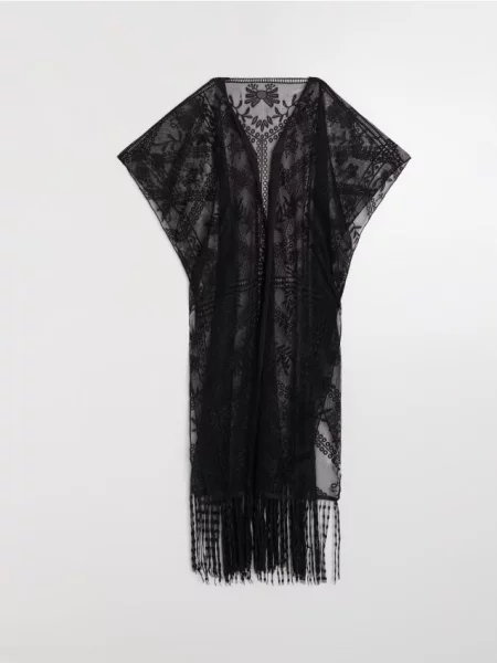 Мереживне пляжне пончо з китицями чорний
