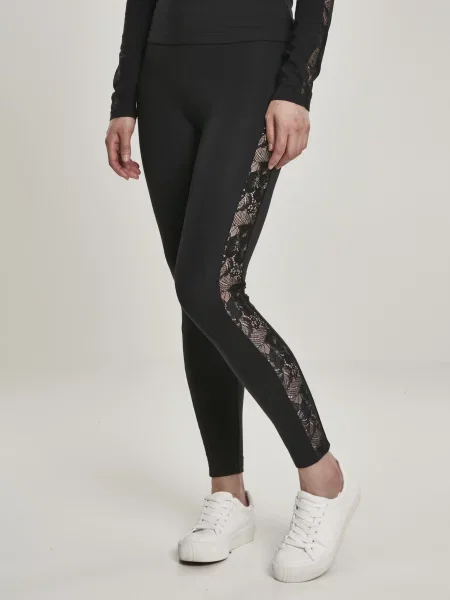 Leggings Urban Classics cu dungi din dantelă negru