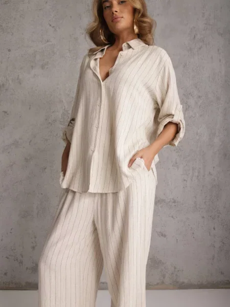 Jasnobeżowy Komplet z i Lnu w Delikatne Prążki Koszula i Spodnie Wide Leg Cliffesa beżowa