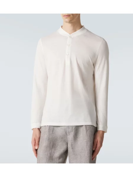 Cămașă Brunello Cucinelli de in cu guler henley maro