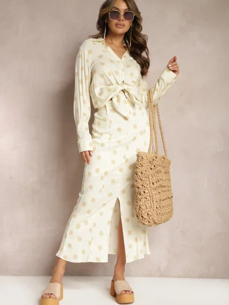 Fustă Midi Deschis cu Talie Înaltă și cu Buline Fiunea bej