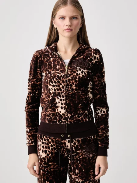 Juicy Couture rozepínací mikina s kapucí ABSTRACT ANIMAL PUFF SLEEVE ROBYN hnědá
