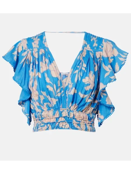 Top Poupette St Barth cu perle cu model floral albastru