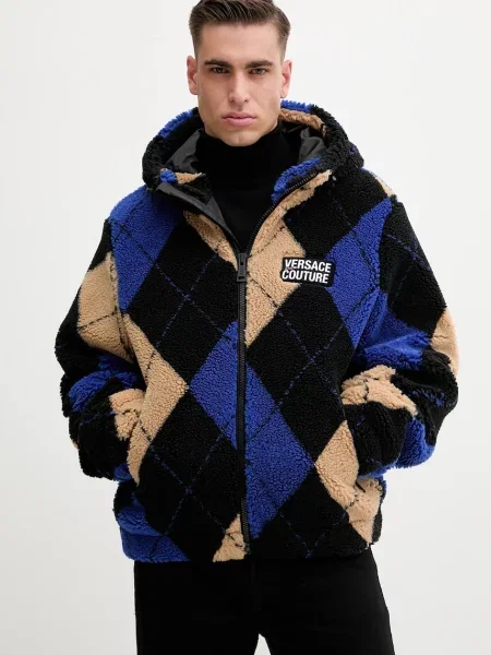 Dukserica od flisa Versace Jeans Couture s kapuljačom s uzorkom crna