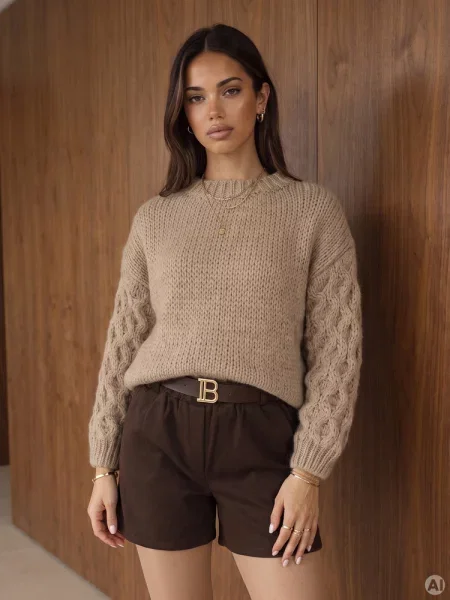 Sweter oversize z warkoczowym splotem ciemnobeżowy Dstreet