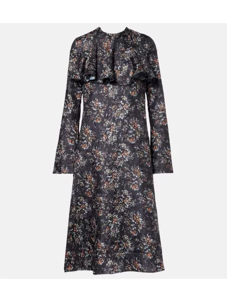 Rochie midi Ganni cu model floral cu volane până la genunchi negru
