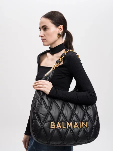 Стьобана сумка-тоут з логотипом Balmain чорна