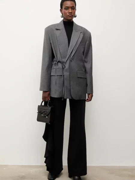 Answear.LAB marynarka z domieszką wełny jednorzędowa gładka szary