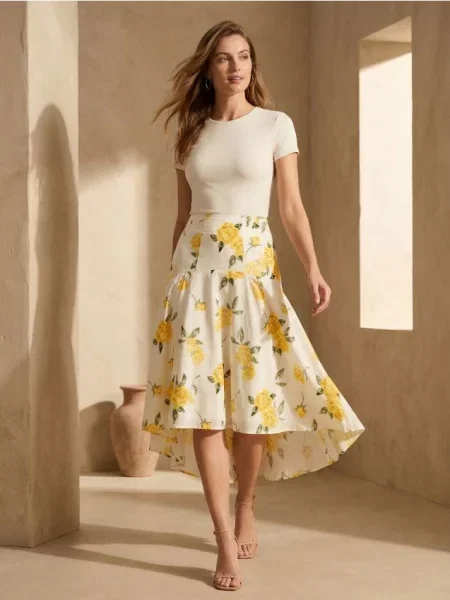 Розкльошена спідниця міді з квітковим принтом різнобарвний