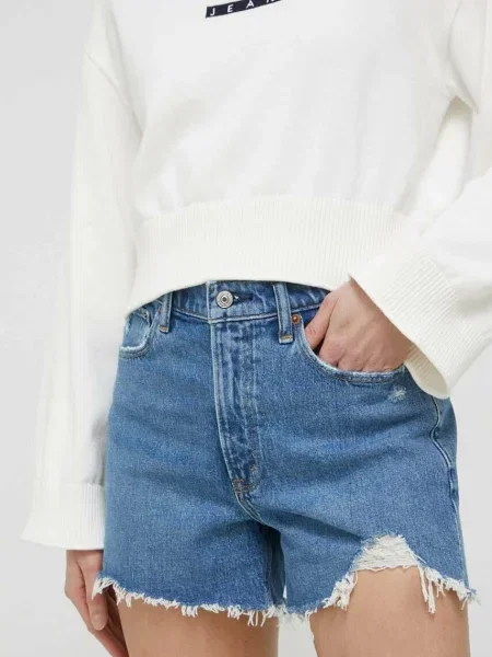 Дънкови къси панталони Abercrombie & Fitch с изчистен дизайн с висока талия синьо