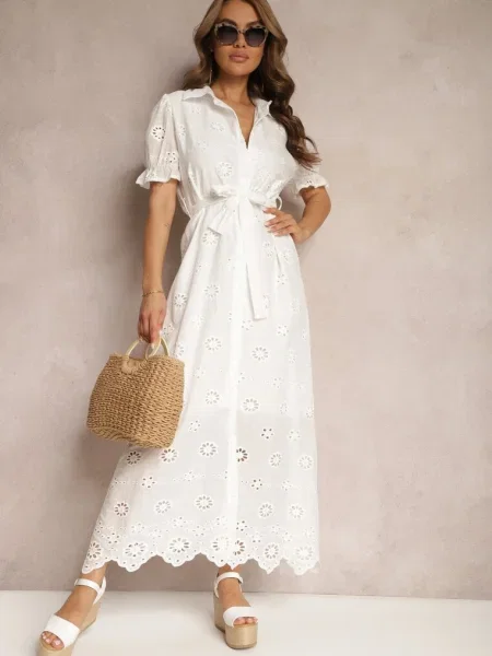 Rochie Ajurată Stil Cămașă cu Dantelă și Mâneci Bufante Vianda albă