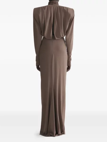 Rochie maxi Mugler drapată lungă de costum maro