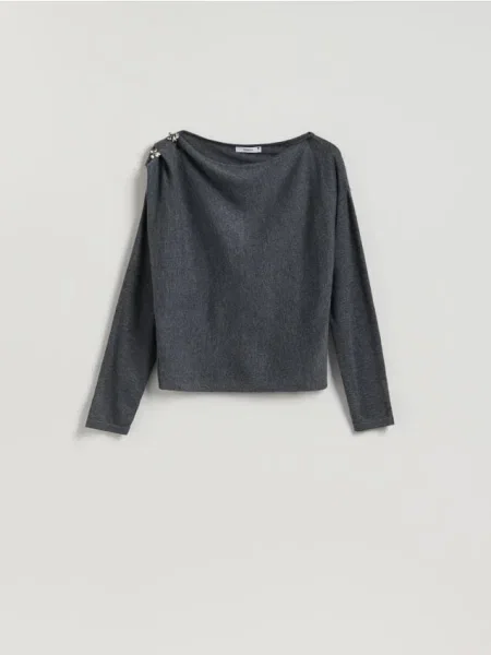 Reserved Pulover cu aplicație strălucitoare gri-închis gri