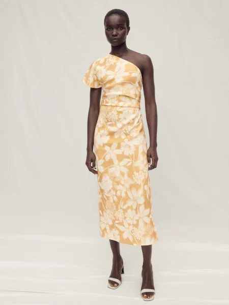 Лляна Сукня міді MANGO жовтий