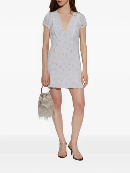 Rochie mini Loveshackfancy cu model floral cu imagine din dantelă albastru