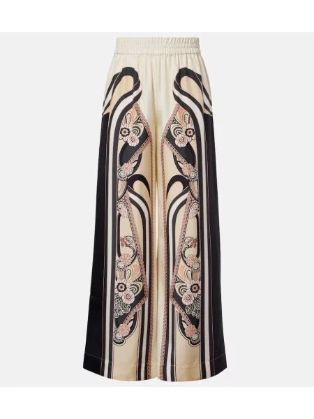 Pantaloni palazzo La Doublej de mătase cu imagine bej