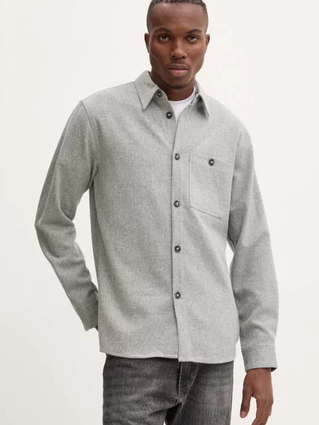 Bruuns Bazaar camasa de lana WoolBBReve cu guler clasic regular gri