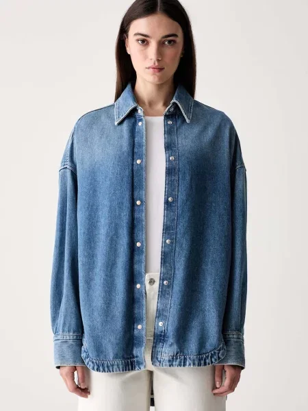 BOSS Orange cămașă de damă din denim C_OVERSHIRT albastru