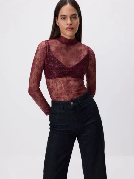 Reserved Мереживна блузка темно коричневий