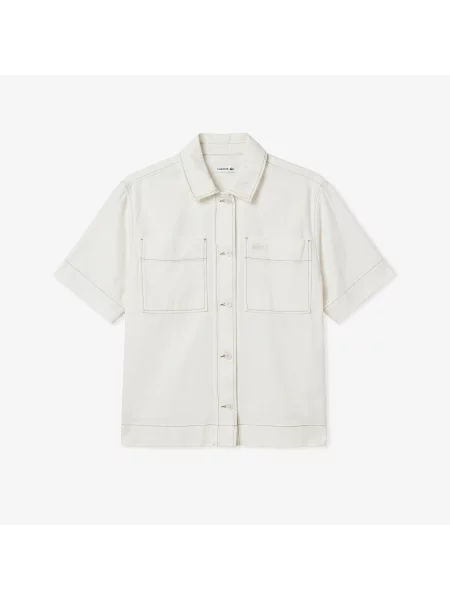 Lacoste Koszula Button-Down Z Krótkim Rękawem Regular Fit Kremowa Kremowy