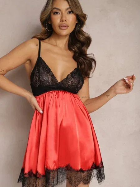 Czarno-Czerwona Koszula Nocna na Ramiączkach z Wstawkami z Koronki Amarylia czarna