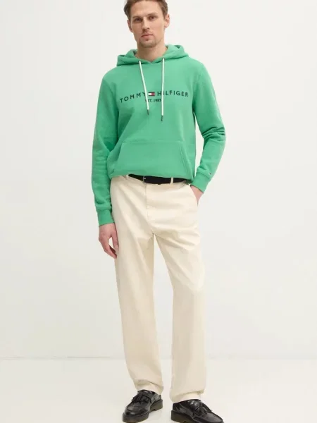 Tommy Hilfiger pulover s kapuco z bombažem zelena