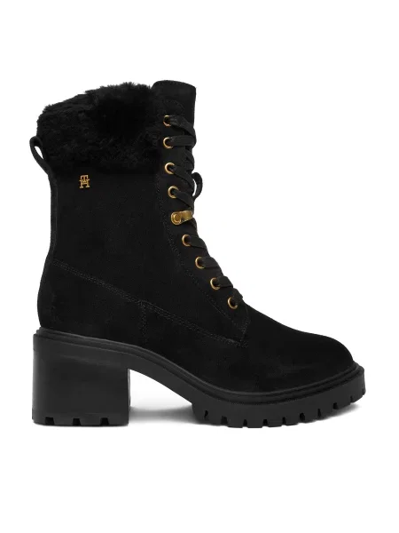 Велурени боти Tommy Hilfiger TH SHEARLING LACE UP BOOT с дебел с лека изолация черно
