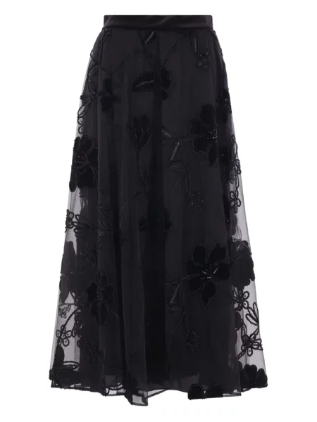 Fustă midi Elie Saab cu broderie cu model floral până la genunchi negru