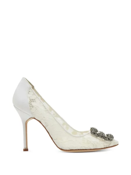 Pantofi cu toc Manolo Blahnik din dantelă alb