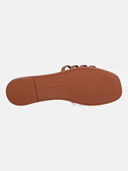 Tommy Hilfiger чехли обувки с открити пръсти дамски от кожа TH SCRIPT FLAT MULE LTH кафяво