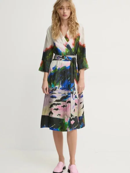 Шовкова сукня MUNTHE SAMEN midi розкльошена бежевий