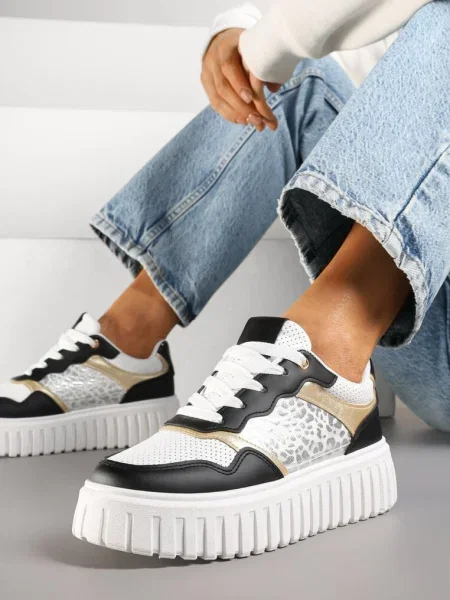 Czarno-Białe Sneakersy na Platformie z Tłoczeniami Zdobione Panterkowym Printem Herraza białe