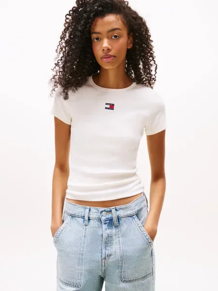 Tommy Jeans Tričko béžová / námornícka modrá / červená biela