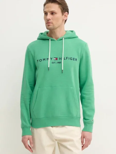 Суичър с качулка Tommy Hilfiger с качулка с апликация зелено