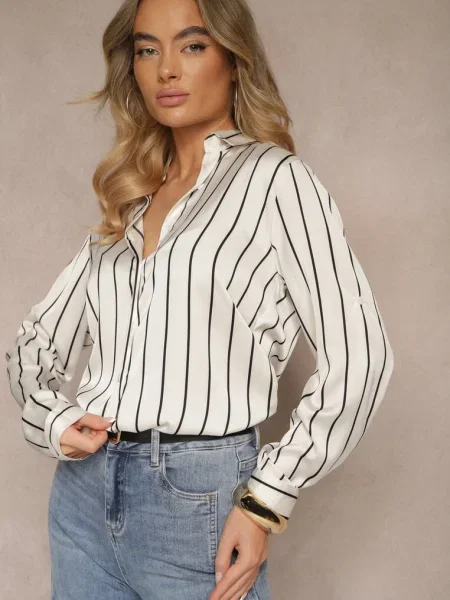 Biało-Czarna Koszula w Pionowe Prążki z Możliwością Podpięcia Rękawów Cerraza biała